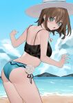  1girl ass back bangs beach bebe_pp bikini bikini_top black_bikini blue_bikini blue_sky braid breasts brown_hair charlotte_corday_(fate) charlotte_corday_(swimsuit_caster)_(fate) clouds commentary_request day ear_piercing fate/grand_order fate_(series) fingernails flower green_eyes green_nails hair_between_eyes hat highres jewelry looking_at_viewer medium_breasts mismatched_bikini mountain nail_polish open_mouth outdoors pendant piercing rose sand short_hair side_braid signature sky solo sun_hat swimsuit water white_flower white_headwear white_rose 