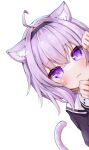  1girl :3 absurdres ahoge animal_ear_fluff animal_ears bangs black_hairband black_shirt blush cat_ears cat_girl cat_tail closed_mouth commentary_request eyebrows_visible_through_hair hair_between_eyes hairband highres hololive kohe_billialot long_sleeves looking_at_viewer medium_hair nekomata_okayu peeking_out purple_hair shirt simple_background solo tail tail_raised violet_eyes virtual_youtuber white_background 