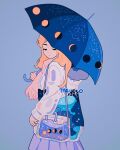  1girl absurdres artist_name bag black_eyes blonde_hair blue_background clouds commentary constellation constellation_print crescent_moon english_commentary full_moon gibbous_moon half-closed_eyes half_moon highres holding holding_umbrella hood hoodie liquid long_hair meyoco moon moon_phases new_moon original pink_scarf pleated_skirt print_umbrella purple_skirt scarf see-through shoulder_bag simple_background skirt solo sparkle umbrella upper_body 