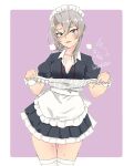  1girl alternate_costume apron asymmetrical_hair bangs black_dress border clothes_removed commentary_request cowboy_shot dress enmaided flipped_hair frilled_apron frills grey_eyes highres kantai_collection looking_at_viewer maid maid_apron maid_headdress mochizou nowaki_(kancolle) open_clothes purple_background silver_hair solo standing swept_bangs thigh-highs two-tone_background white_apron white_border white_legwear wrist_cuffs 