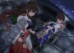  2girls absurdres akagi_(kancolle) arrow_(projectile) blue_hakama bow_(weapon) brown_eyes brown_gloves brown_hair closed_mouth clouds cloudy_sky commentary_request dutch_angle fog frown full_moon gegeron glaring gloves hakama half-closed_eyes highres holding holding_bow_(weapon) holding_weapon horizon japanese_clothes kaga_(kancolle) kantai_collection kimono long_hair looking_to_the_side moon multiple_girls muneate night night_sky ocean outdoors partial_commentary quiver red_hakama rigging side_ponytail single_glove sky weapon white_kimono wind 