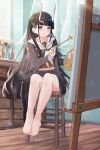  1girl azur_lane bangs bare_legs barefoot black_cardigan black_hair black_skirt blunt_bangs blush canvas_(object) cardigan closed_mouth commentary_request curtains easel eyebrows_visible_through_hair feet full_body hair_ornament hairclip highres holding holding_paintbrush holding_palette horns indoors lim_(ramu) long_hair long_sleeves looking_at_viewer miniskirt neckerchief noshiro_(azur_lane) oni_horns open_cardigan open_clothes paintbrush painting palette_(object) sailor_collar school_uniform serafuku sitting skirt smile solo stool very_long_hair violet_eyes white_neckwear white_sailor_collar wooden_floor x_hair_ornament 