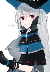  ... 1girl :t arknights ascot black_capelet black_gloves black_headwear breasts capelet commentary_request from_side gloves grey_neckwear grey_shirt hand_on_another&#039;s_cheek hand_on_another&#039;s_face hat heart highres infection_monitor_(arknights) long_hair looking_at_viewer looking_to_the_side medium_breasts red_eyes shirt signal_1120 silver_hair simple_background skadi_(arknights) solo spoken_ellipsis spoken_heart upper_body white_background 