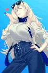  1girl blonde_hair blue_background blue_eyes blue_pants cowboy_shot denim eyewear_on_head hand_on_hip heart highres jewelry kantai_collection lips long_hair long_sleeves mole mole_under_eye mole_under_mouth pants richelieu_(kancolle) ring shingyou_(alexander-13) shirt simple_background solo sunglasses wedding_band white_shirt 