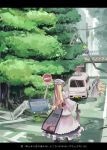  back blonde_hair bridge brown_hair bus car chen fox_ears fox_tail garnet hat long_hair motor_vehicle ribbon road_sign ruins short_hair sign tail touhou translated vehicle yakumo_ran yakumo_yukari 