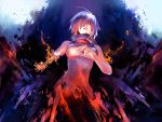  ayanami_rei crazy_eyes digital_dissolve gradient_hair hands multicolored_hair open_mouth original patipat_asavasena red_eyes short_hair silver_hair sleeveless solo stare 