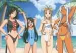  absurdres beach belldandy bikini black_hair blue_eyes bracelet breasts brown_eyes brown_hair cleavage earrings facial_mark forehead_mark highres jewelry long_hair midriff peorth short_hair skuld swimsuit tan urd very_long_hair white_hair 