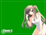  adjusting_hair bare_shoulders brown_eyes brown_hair casual_one-piece_swimsuit clover clover_(game_cg) green highres leaning_forward long_hair nishimata_aoi one-piece_swimsuit smile solo swimsuit twintails wallpaper 