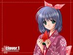  clover food fruit highres holding holding_fruit japanese_clothes kimono nishimata_aoi red wallpaper watermelon 