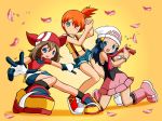  3girls haruka_(pokemon) hikari_(pokemon) kasumi_(pokemon) petals pokemon wink 
