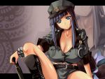  artist_request bangs bdsm belt black_legwear blue_eyes blue_hair blunt_bangs boots bow bracelet breasts cleavage cuffs dominatrix fuutou_shizune hair_bow handcuffs hat head_tilt highres huge_breasts jewelry knee_boots letterboxed long_hair looking_at_viewer midriff oshioki_sweetie payot peaked_cap police police_uniform policewoman ponytail short_shorts shorts sitting smile solo spiked_bracelet spikes spread_legs studded_belt uniform very_long_hair wallpaper weapon zoom_layer 