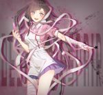  1girl apron bandages blush brown_hair drooling io_(sinking=carousel) long_hair needle open_mouth outstretched_arm skirt smile solo super_dangan_ronpa_2 tsumiki_mikan very_long_hair violet_eyes 