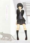  amagami arms_behind_back black_hair blazer brown_eyes cat highres kneehighs nanasaki_ai neko pleated_skirt puu_(amagami) school_uniform seifuku short_hair skirt smile socks solo sweater takayama_kisai 