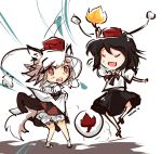  animal_ears black_hair bloomers breast_padding chibi geta hat inubashiri_momiji leaf multiple_girls noirioko_(artist) noirioko_(hourai-sugar) red_eyes shameimaru_aya shield socks surprise surprised tengu-geta tokin_hat touhou white_hair 