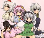  :&lt; aka_(red_shine) animal_ears breasts bunny_ears eyebrows frown grin inaba_tewi inubashiri_momiji izayoi_sakuya komeiji_satori konpaku_youmu konpaku_youmu_(ghost) large_breasts maid multiple_girls myon naughty_face panties pantyshot seki_(red_shine) smile tight touhou underwear wolf_ears 