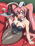  1girl animal_ears between_breasts bottle breasts bunny_ears bunnysuit cleavage couch curvy fang goblet gray_pantyhose highres large_breasts lighter long_hair original pantyhose pink_hair plump purple_eyes rabbit_ears smile solo taro thick_thighs tray twintails violet_eyes wide_hips wine 