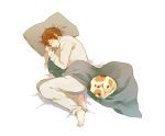  bed_sheet brown_hair cat closed_eyes feet iwashi_(morpho000) kyon male on_side pillow shamisen_(suzumiya_haruhi) sheets short_hair sleeping suzumiya_haruhi_no_yuuutsu 