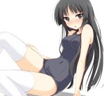  bare_shoulders black_eyes black_hair blush clothed_navel dansa k-on! long_hair one-piece_swimsuit school_swimsuit solo swimsuit tears thigh-highs thighhighs white_legwear 