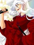  animal_ears big_sword dog_ears fang inuyasha inuyasha_(character) japanese_clothes jewelry kimono long_hair male necklace nekomaru solo sword tetsusaiga weapon white_hair 