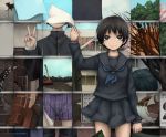  black_hair building cat paper school_uniform short_hair smile standing tree umbrella v wall yajirushi yajirushi_(chanoma) 