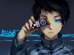  black_hair blue_eyes cellphone durarara!! glowing_eyes jacket male phone ryuugamine_mikado short_hair solo zipper 
