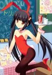  black_hair brown_eyes bunny_ears bunnysuit coca-cola flat_chest gaou hair_bobbles hair_ornament highres long_hair original pantyhose pocky product_placement rabbit_ears shoe_dangle soda_can solo tray twintails 
