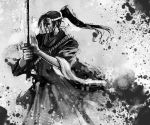  haori japanese_clothes katana long_hair male monochrome ponytail samurai sword weapon 