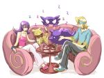  1boy 1girl abra alternate_costume conversation crossed_legs drink food gengar gym_leader haunter legs_crossed matsuba_(pokemon) nashinomiya natsume_(pokemon) natsume_(pokemon)_(hgss) pokemon pokemon_(creature) pokemon_(game) pokemon_gsc simple_background sitting sleeping 