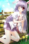  bad_id bench breasts bunny_ears cleavage hot long_hair necktie no_bra open_clothes open_shirt outdoors purple_hair rabbit_ears red_eyes reisen_udongein_inaba shirt skirt solo touhou undone white_shirt wink yumichika 
