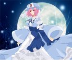  absurdres aramaki_rin_(artist) breasts frills full_moon gathers ghost hat highres japanese_clothes large_breasts light_particles moon pink_hair red_eyes saigyouji_yuyuko solo touhou tree 