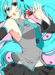  aqua_eyes aqua_hair bad_id detached_sleeves food fruit hatsune_miku headphones headset highres holding holding_fruit long_hair necktie open_mouth skirt solo strawberry teruko twintails very_long_hair vocaloid 