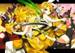  blue_eyes card cards cherry_blossoms dagger dice fighting_stance floating_card gekokujou_(vocaloid) hair_ornament hair_ribbon hairclip headset japanese_clothes kagamine_len kagamine_rin petals ress ribbon sarashi siblings slashing spring_onion sword twins vocaloid weapon 