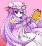  book bookmark falketto hair_ribbon hat long_hair lowres outstretched_arm outstretched_hand patchouli_knowledge purple_hair ribbon solo touhou very_long_hair 