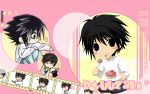  black_hair cake chibi death_note death_note_(object) food l male squatting 
