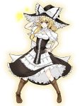  \m/ alternate_costume bad_id blonde_hair boots cleavage_cutout copycat_(dryfood) copycat_(homura) curiosities_of_lotus_asia hand_on_hip hat highres kirisame_marisa petticoat short_hair solo touhou witch_hat yellow_eyes 
