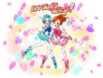  2girls blue_hair blush bow brown_hair cure_blossom cure_marine female_protagonist_(persona_3) futari_wa_pretty_cure heartcatch_pretty_cure! mitr open_mouth persona persona_3 short_hair skirt smile tears thigh-highs yamagishi_fuuka 