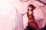  1girl brown_eyes brown_hair cherry_blossoms detached_sleeves gracehoo hair_tubes hakurei_reimu highres looking_up parted_lips pink sitting solo touhou tree wide_sleeves 