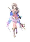  1girl :d atelier_(series) atelier_totori bag bangs bare_shoulders boots character_request crown detached_sleeves flat_chest frills gem gradient grey_hair kishida_mel knee_boots legs long_hair looking_at_viewer miniskirt official_art open_mouth parted_bangs pleated_skirt see-through silver_eyes skirt smile solo staff standing totooria_helmold watermark white_background wide_sleeves 