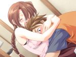  amakara_twins blue_eyes blush breast_smother brown_hair game_cg hug marshmallow_hell mitarashi_kousei sakuragi_haruka 