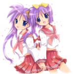  back_to_back blue_eyes cherry_blossoms highres hiiragi_kagami hiiragi_tsukasa long_hair lucky_star nyanmilla petals purple_hair school_uniform serafuku short_hair siblings sisters twins twintails 