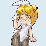  1girl arnval bare_shoulders blonde_hair blush breasts bunny_ears bunny_girl bunnysuit busou_shinki cleavage dd_(artist) fishnet_pantyhose fishnets green_eyes long_hair pantyhose ponytail rabbit_ears solo wrist_cuffs 