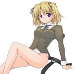  alice_soft belt blonde_hair highres kurenasm legs purple_eyes rance_(series) ribbon sengoku_rance solo uruza_puranaaisu violet_eyes 