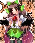  black_legwear black_thighhighs blush bow cape hair_bow long_hair red_eyes reiuji_utsuho skirt solo thigh-highs thighhighs tokiniwa touhou wings zettai_ryouiki 