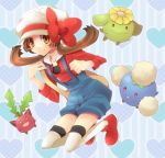  1girl :3 bag bow brown_eyes brown_hair cabbie_hat colored_eyelashes hat_ribbon heart hoppip jumpluff kotone_(pokemon) long_sleeves lowres open_mouth overalls pokemon pokemon_(creature) pokemon_(game) pokemon_gsc pokemon_heartgold_and_soulsilver red_eyes red_ribbon ribbon shoes shooting-star skiploom smile thigh-highs thighhighs twintails white_thighhighs zettai_ryouiki 