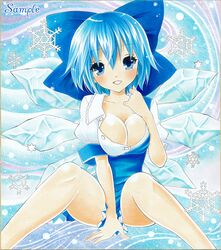  ayuayu blue_eyes blue_hair bow breasts bursting_breasts cirno cleavage hair_bow ice large_breasts marker_(medium) oppai_loli sample short_hair snowflakes solo spread_legs strap_slip touhou traditional_media wings 