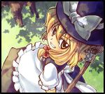  blonde_hair bow broom from_above grass grin hat kirisame_marisa looking_back ribbon sakino_shingetsu short_hair smile solo touhou witch_hat yellow_eyes 