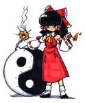  absurdres angry black_eyes black_hair bomb bow fuse hair_bow hakurei_reimu highres matches short_hair solo syodo touhou traditional_media yin_yang 