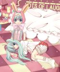  animal_hat aqua_eyes aqua_hair bandaid bed blanket bloomers bow candy checkered checkered_floor cheese clock clone colored food frilled_kneehighs hat hatsune_miku lamp lap lap_pillow large_bow lollipop long_hair lots_of_laugh_(vocaloid) multiple_girls nail_polish pillow skirt smiley_face sock_pull socks stuffed_animal stuffed_toy sweets table toe_socks twintails vocaloid wink 
