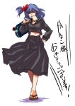  alternate_costume alternate_hairstyle bad_feet bag barefoot carrying contemporary delinquent hand_on_hip keychain midriff mouth_hold navel purple_hair red_eyes sabuko sandals school_bag school_uniform short_hair side_ponytail sketch skirt solo sukeban toast toast_in_mouth touhou translated translation_request wind yankee yasaka_kanako 