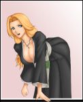  ass bent_over bleach blonde_hair blue_eyes breasts cleavage deep_rising japanese_clothes jewelry long_hair matsumoto_rangiku mole necklace open_mouth solo standing 